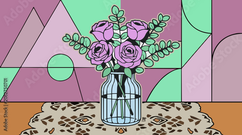 Purple roses and eucalyptus in a glass vase on table