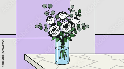 White roses and eucalyptus in a blue glass vase on a marble surface with a purple wall