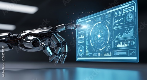 Robot hand touches a digital interface displaying financial data.