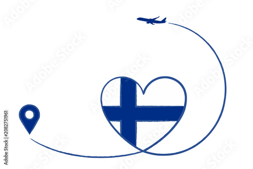 Finland flag heart travel concept with airplane and map pin