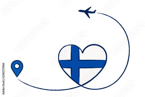 Finland flag heart travel concept with airplane and map pin