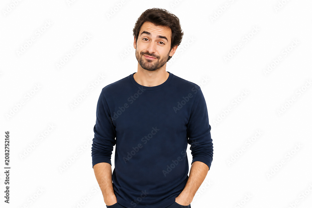Obraz premium A young man with dark, curly hair wearing a navy blue long-sleeved shirt is posing against a white background.