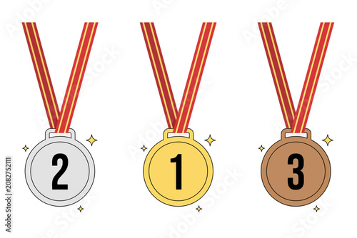 gold silver bronze medals with red ribbons
