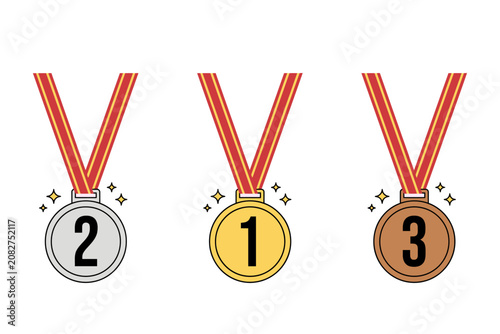 gold silver and bronze medals with red ribbons and sparkles