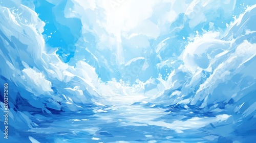 Vast glacial landscape with visible melting ice and shimmering water under bright sky