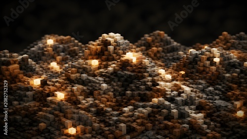 Abstract 3D Cubic Landscape with Glowing Elements,Digital Terrain: Pixels in Motion