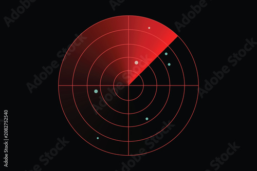 Foto Red radar screen with a sweeping trace and multiple light blue target blips against a dark background