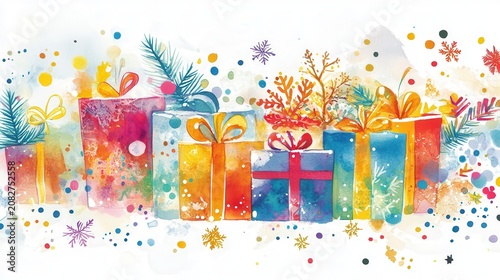 Vibrant Watercolor Christmas Gifts Decorated with Festive Ribbons and Twigs, Perfect for Holiday Celebrations