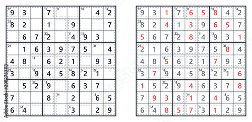 Sudoku puzzle grids with answers highlighted in red  