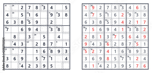 Sudoku puzzle grids with answers highlighted in red  