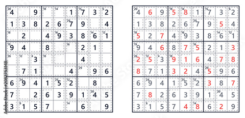 Sudoku puzzle grids with answers highlighted in red  
