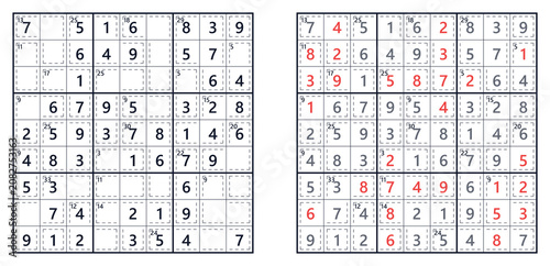 Sudoku puzzle grids with answers highlighted in red  