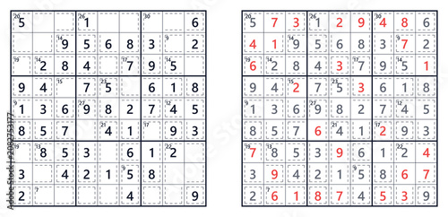 Sudoku puzzle grids with answers highlighted in red  