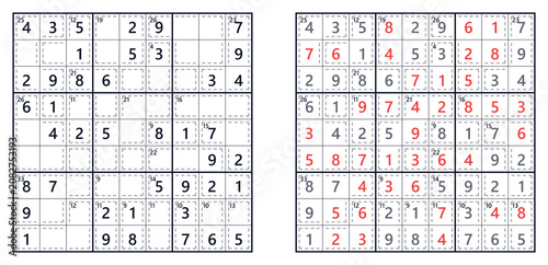 Sudoku puzzle grids with answers highlighted in red  