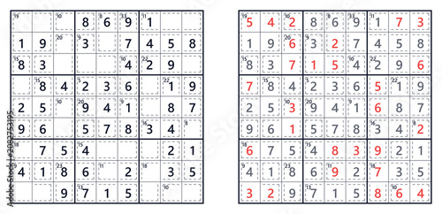 Sudoku puzzle grids with answers highlighted in red  