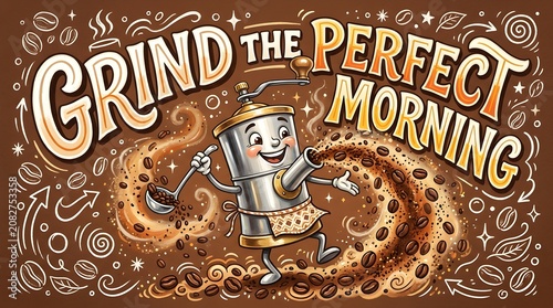Happy cartoon coffee grinder character with fresh roasted brown beans