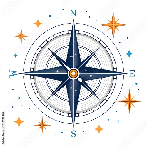 Vintage nautical compass star emblem with navigational directions surrounded by shining stars nautical navigation direction