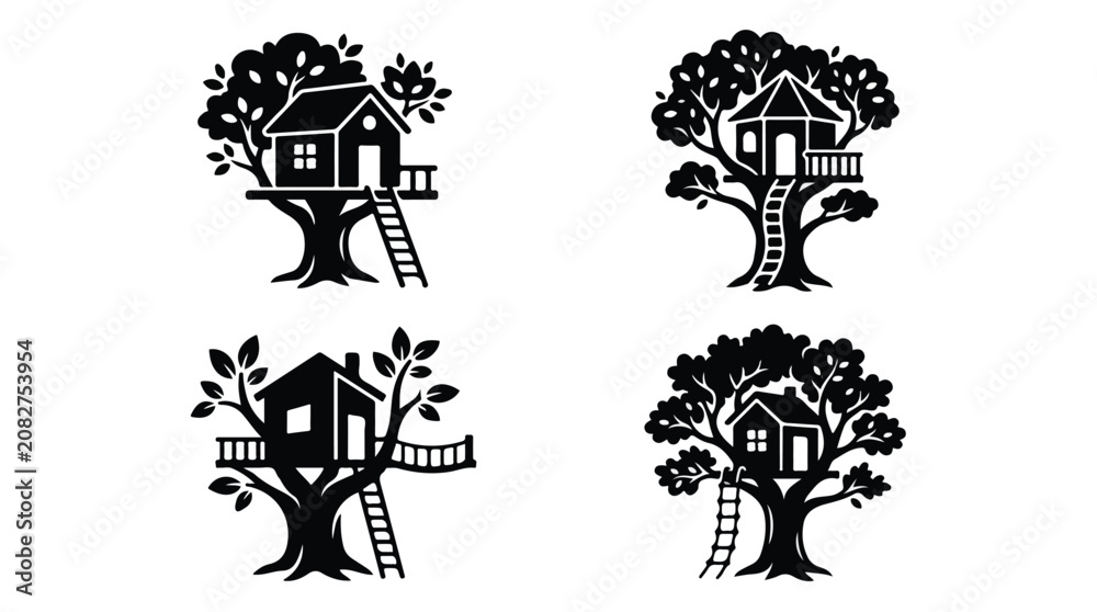 Fototapeta premium Treehouse silhouette icon set, black and white wooden tree house vector illustrations, 4 rustic backyard playhouse designs for children and nature branding