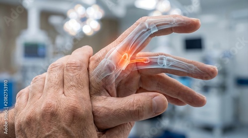 Man Suffering From Finger Joint Pain With Finger Anatomy Overlay