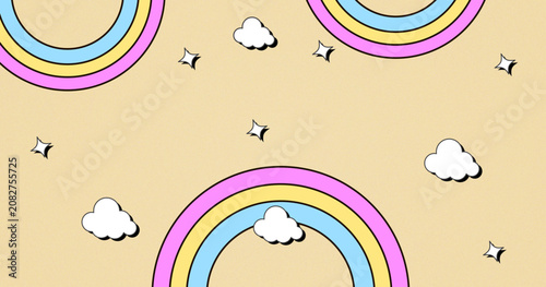 Cute Rainbow Pattern Background with Cartoon Clouds and Retro Kawaii Elements