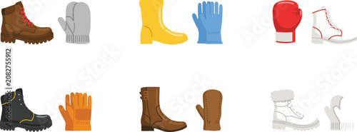 Tableau sur toile Winter boots and gloves footwear vector icon set featuring leather hiking boots