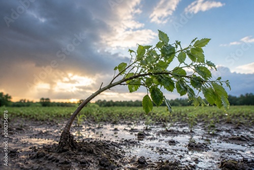 Foto Young sapling bent by a storm in wet soil, sky clearing.