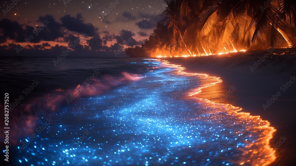 Fototapeta premium Bioluminescent beach at night with fire and trees