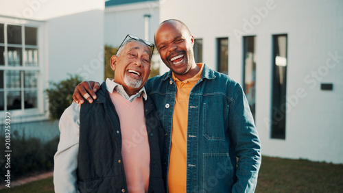 Schilderij op canvas Portrait, father and adult son by new house with laugh, humor and support for property investment