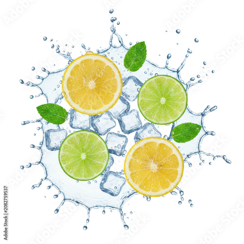 Photorealistic macro shot of wet, translucent lemon and lime slices, mint leaves, ice cubes amidst a dynamic water splash on a brilliant white background, concept for icy citrus beverage advertising