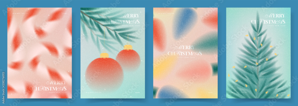 Fototapeta premium Merry Christmas and New Year posters. Gradient style vector cards with Christmas balls, fir tree, candy canes and typography design. Trendy minimalist New Year flyers.
