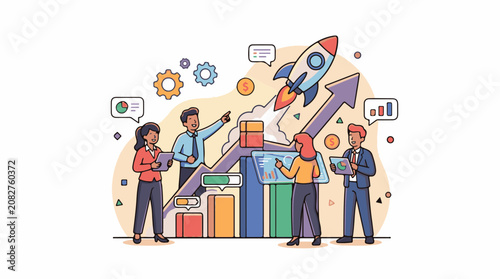 Business team collaborates on growth strategy with a rising rocket and charts
