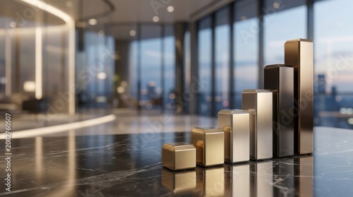 Luxury financial growth concept with elegant ascending metallic bars, premium investment atmosphere