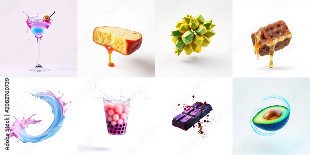 Fototapeta premium Collage displays vibrant food items. Drinks, desserts, fruit, chocolate present delicious options. Bright colors, clean backgrounds.