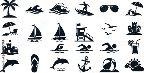 Foto Black beach icons set
