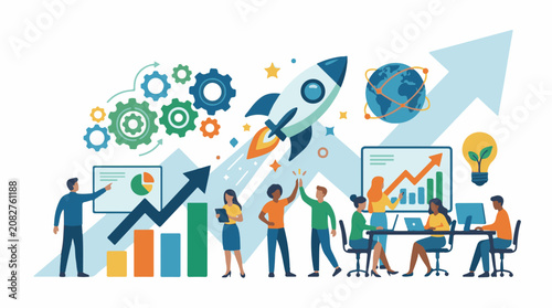 Business team collaborates on growth strategy with rocket and globe