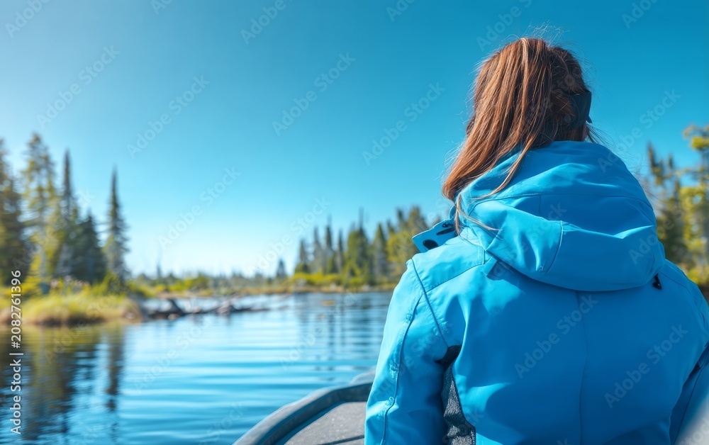 Fototapeta premium Woman in Bright Blue Jacket on Wildlife Tour Boat by Lake Water