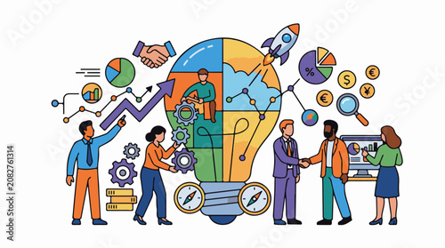 Business team collaborates on innovative project launch with data