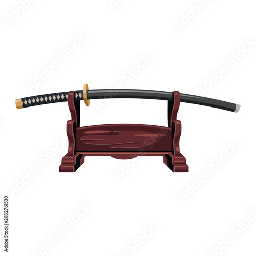 Canvastavla Japanese katana sword in black scabbard resting on a wooden display rack isolate