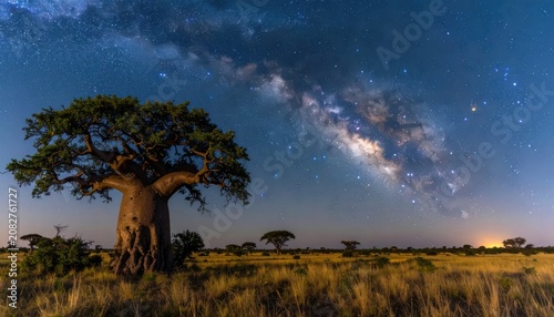 Wide view of baobab tree under starry night sky.