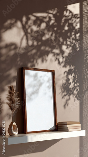 Minimalist interior with mirror and natural shadow play on wall