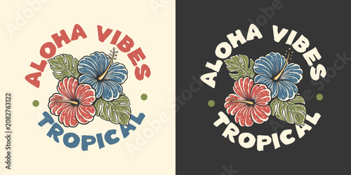 Canvastavla Vintage Tropical Hibiscus Flowers with Monstera Leaves, Hawaiian Botanical, Summ