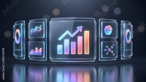 3D glowing glass screens displaying financial charts and data analytics dashboard, business intelligence concept