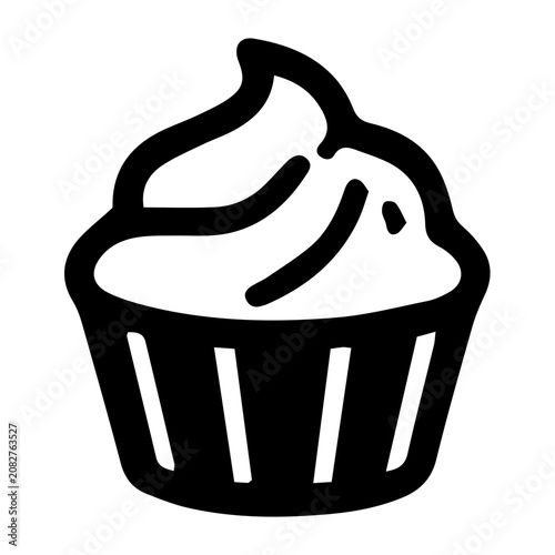 Minimalist vector glyph icon of a sweet cupcake or muffin topped with whipped cream.