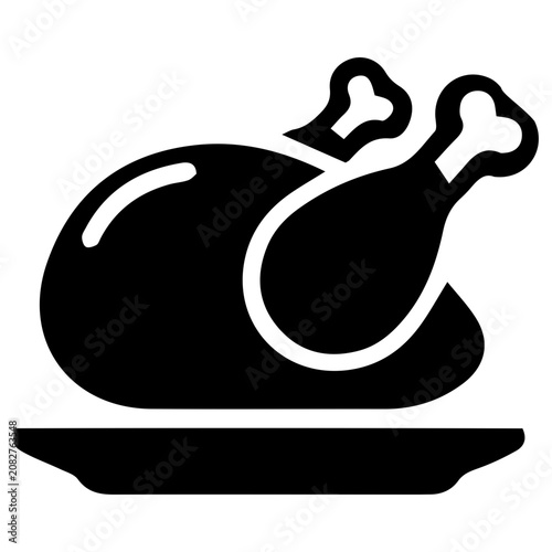 Whole roasted turkey or chicken served on a plate vector icon, representing Thanksgiving or dinner.