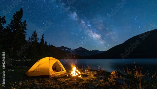 Yellow tent and campfire under milky way night sky.