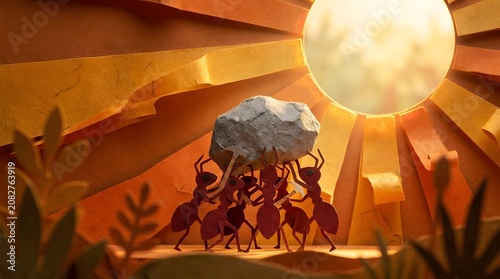Group of ants working together to lift a heavy rock under bright sun, business teamwork and synergy concept
