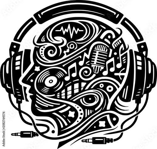 Music Headphones Audio Brain Sound Icon Vector