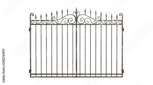 Vintage wrought iron gate with ornate scrollwork, decorative black metal garden fence isolated on white, antique entrance gate with spear finials