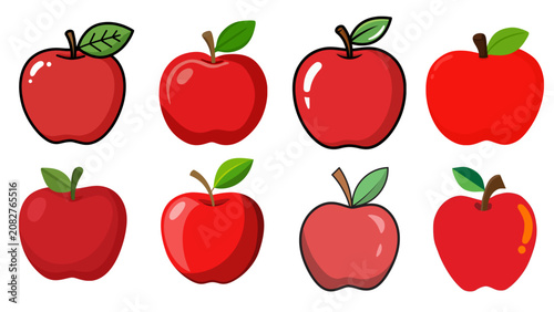 A delightful collection of vibrant red cartoon apples, each featuring green leaves and a unique style, perfect for representing fresh, juicy, and healthy fruit illustrations in various design projects