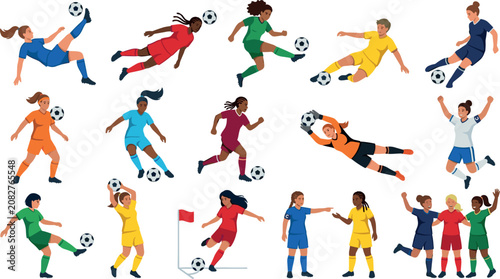 Foto Women Soccer Players Action Poses Vector Character Set Featuring Bicycle Kick, H